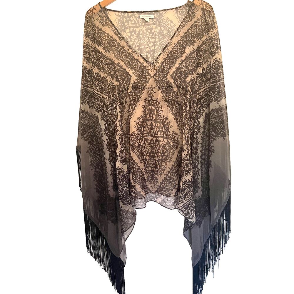 Boston Proper Poncho Top L Fringe Sheer  Black tan Goth